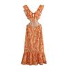 Summer Women's New Layered Decoration Midi Strap Dress Design Sense Niche Cross Ruffles Printed Dress Dress Female