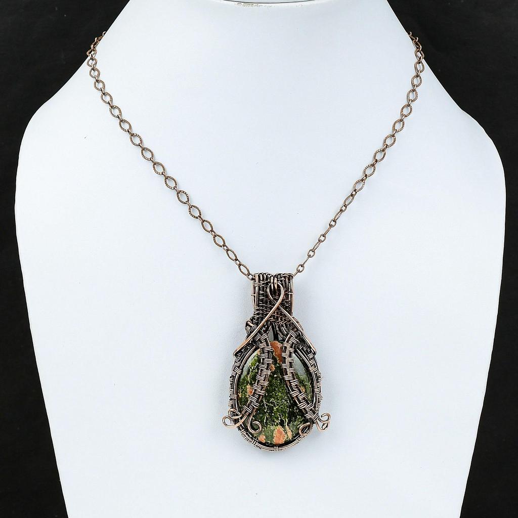 Подвеска из унакита, обернутая медной проволокой, ювелирное изделие, подвеска из драгоценного камня, ювелирное изделие ручной работы из унакита, подвески из медной проволоки, дизайнерские ювелирные изделия, подарок для невесты