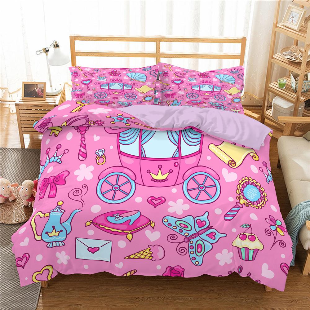 Kids Cartoon Duvet Cover Set Full/Queen Microfiber 3D Bedding Set Soft Pink Castle Princess Comforter Cover With 2 Pillow Shams