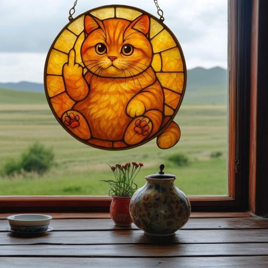 Cat Sun Catcher 2D Acrylic Cat Hanging Decoration Flip-off Cat Window Decoration for Bedroom Living Room Balcony Wall Art