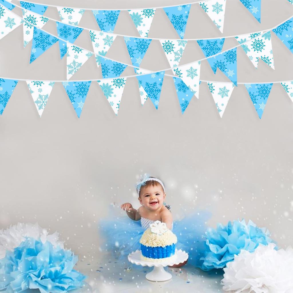 PinkBlume Winter Blue and White Snowflake Triangle Flag Fabric Garland Banner Party Decoration, Approximately 10m Long, Light Blue and White