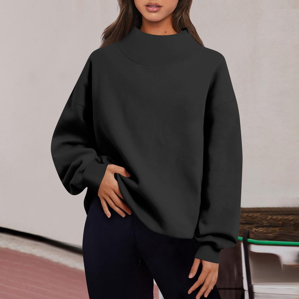 Women's Fashion Solid Color Long Sleeve Loose Slit Half Turtleneck Pullover Sweatshirt Top