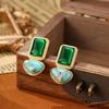 Винтажные геометрические серьги с изумрудными драгоценными камнями и серебряной иглой