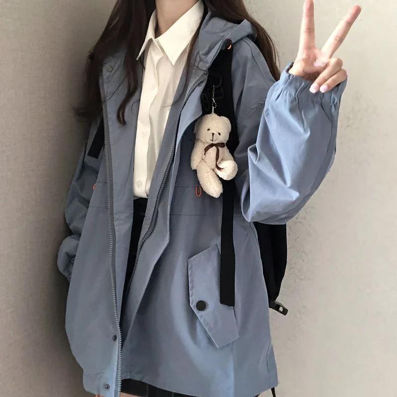Женская однотонная куртка большого размера Harajuku корейская повседневная свободная куртка с капюшоном весна-осень на молнии для школьниц винтажная уличная одежда