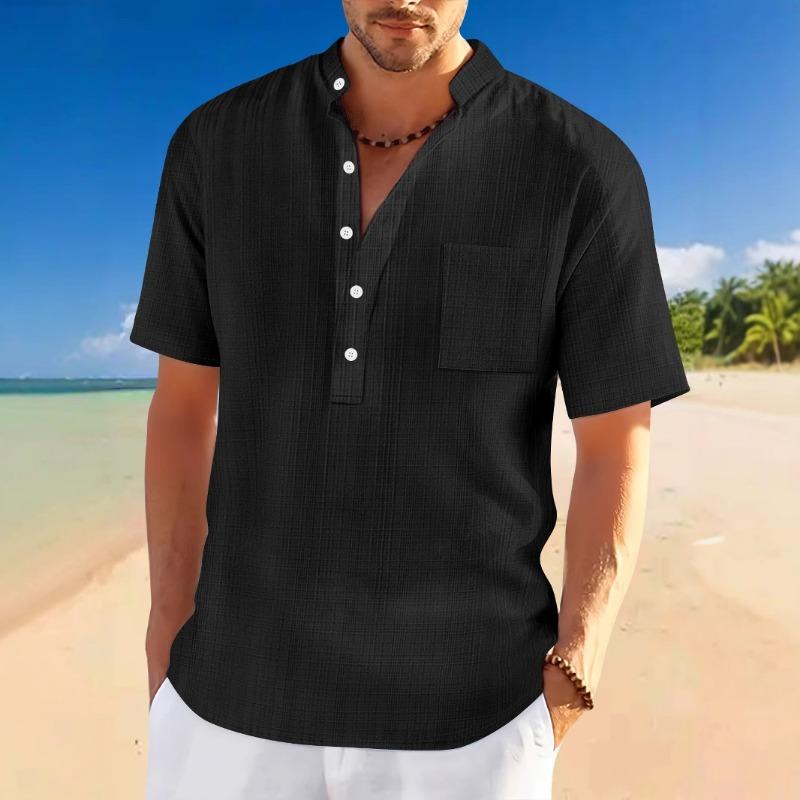 Мужская повседневная льняная рубашка-henley с коротким рукавом, на пуговицах, с карманом