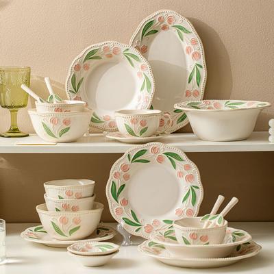 Керамическая серия «Цветы» Японская ретро керамическая посуда Высокая ценность Подглазурная роспись Обеденная тарелка Бытовая пиала для риса Тарелка для фруктов