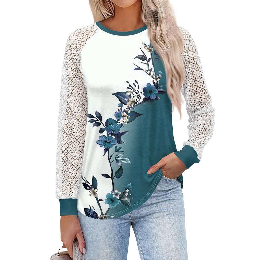 Women's  Long Sleeve  T Shirts Round Neck Lace Tops  Casual Blouses Trendy  Fashion Top
