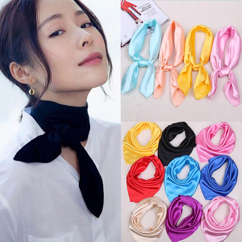 Scarves Neckerchief Women Lady Square Soft Feeling Satin Fashion Head Neck Wrap Solid Silk Bandana Scarf