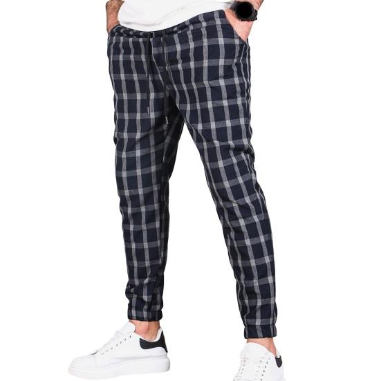 Men Pants Color Matching Plaid Print Drawstring Elastic Waist Ankle-banded Pockets Mid Waist Soft Casual Breathable Sports Jogging Trousers