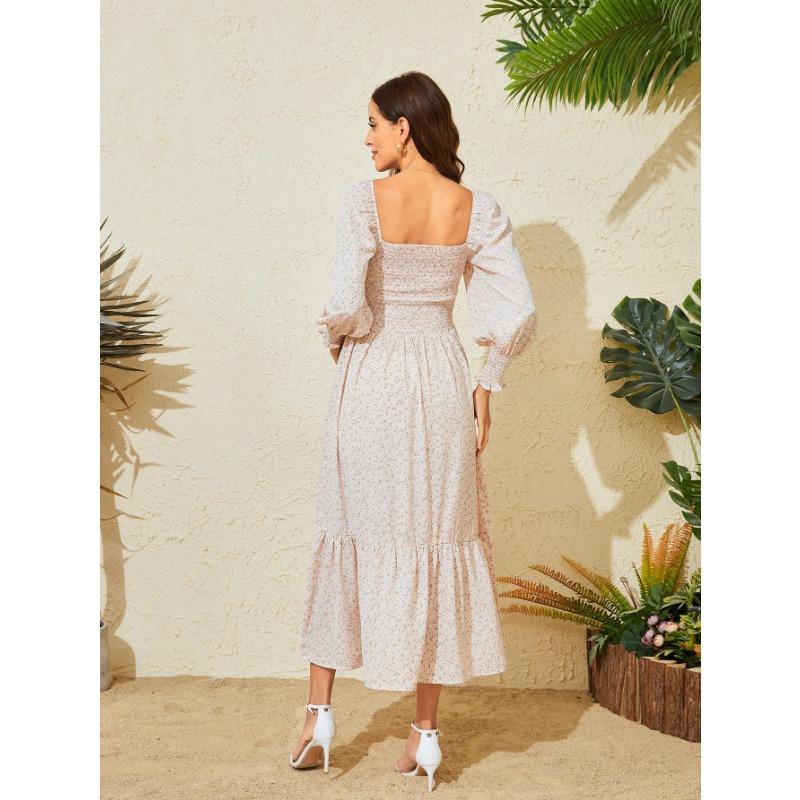 YYFS Women's Fashion Spring Fall Flower Pattern Print Long Sleeve Square Collar High Waist Casual Dresses