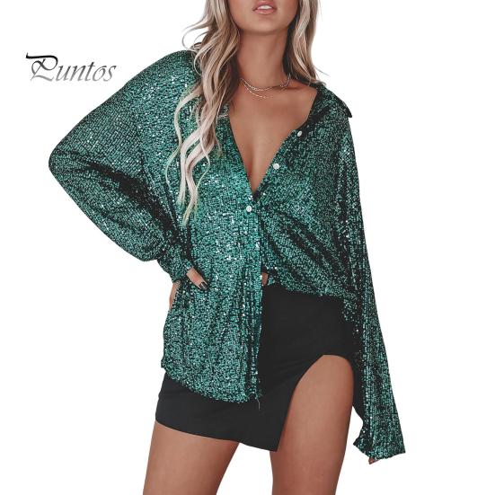Spring Summer Shirt Lapel Long Sleeve Single Breasted Shirt Tops Sparkling Sequins Decoration Shirt Tops
