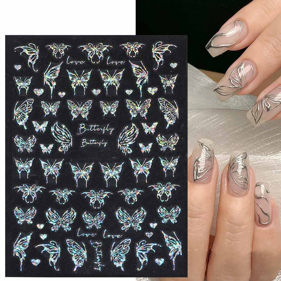 Лазерные наклейки для ногтей, бабочка, сердце, звезда, дизайн, клейкие слайдеры, наклейки для дизайна ногтей, маникюрные украшения