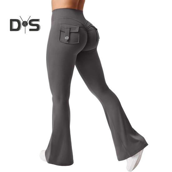 Women Yoga Pants Solid Color Slim Fit Flared Pants with Pockets Thin Elastic Cargo Style Sexy Ruched Long Pants