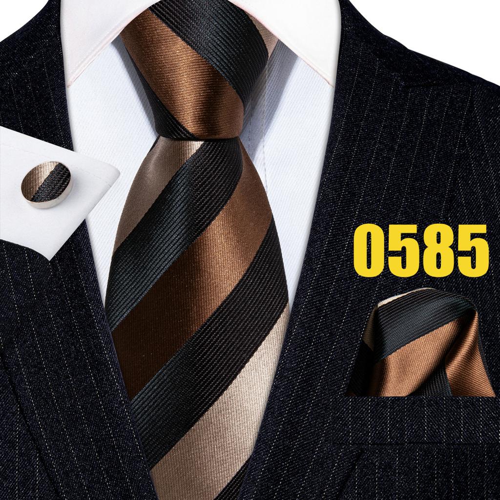 Barry.Wang Classic Tie for Men Woven Silk Striped Neckties Handkerchief Set Cufflinks Formal Casual