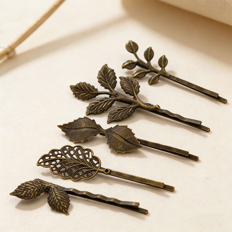 Vintage Bronze Leaf Hair Clip - Forest Feather Design