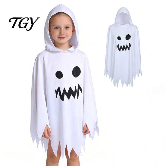 Black And White Ghost Cloak Halloween with Hood, Loose Fit Irregular Hem Costume Hooded Cape for Cosplay Party, Spooky Pullover Kids Adults