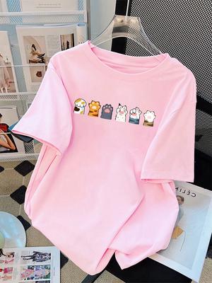 Принты с комбинациями кошачьих лап разных цветов Летние футболки Женские футболки с коротким рукавом Мягкие топы с круглым вырезом Базовая одежда