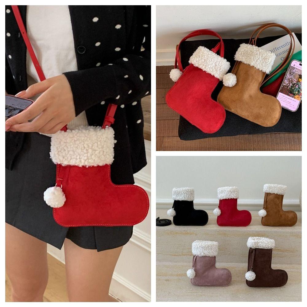 Portable Korean Style Suede Crossbody Bag LambWool Fluffy Christmas Sock Bag Phone Storage Casual Plush Boot Bag Girl