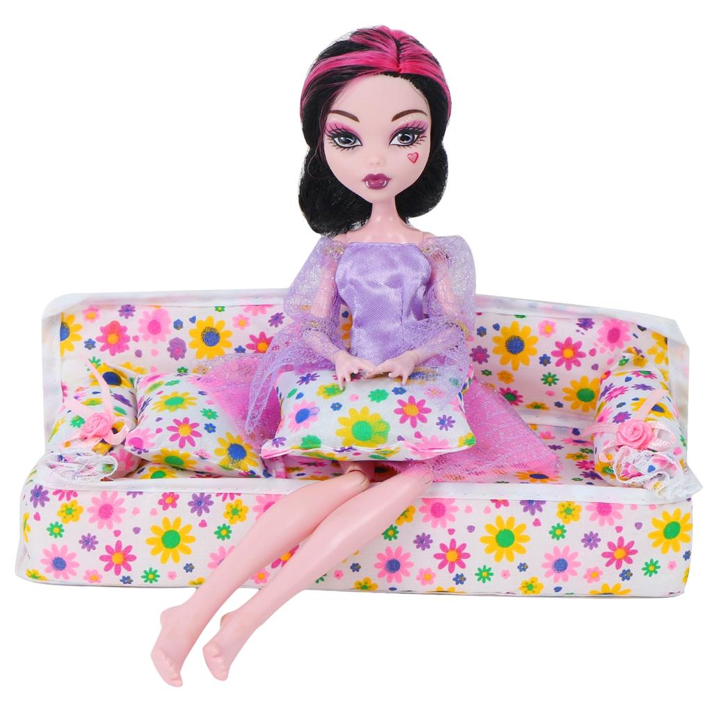 Мини-кукольный домик, мебель для семьи, спальни, HI-FI, ТВ-шкаф, цветочный диван + 2 подушки для кукол Барби, аксессуары(НЕТ КУКЛ)