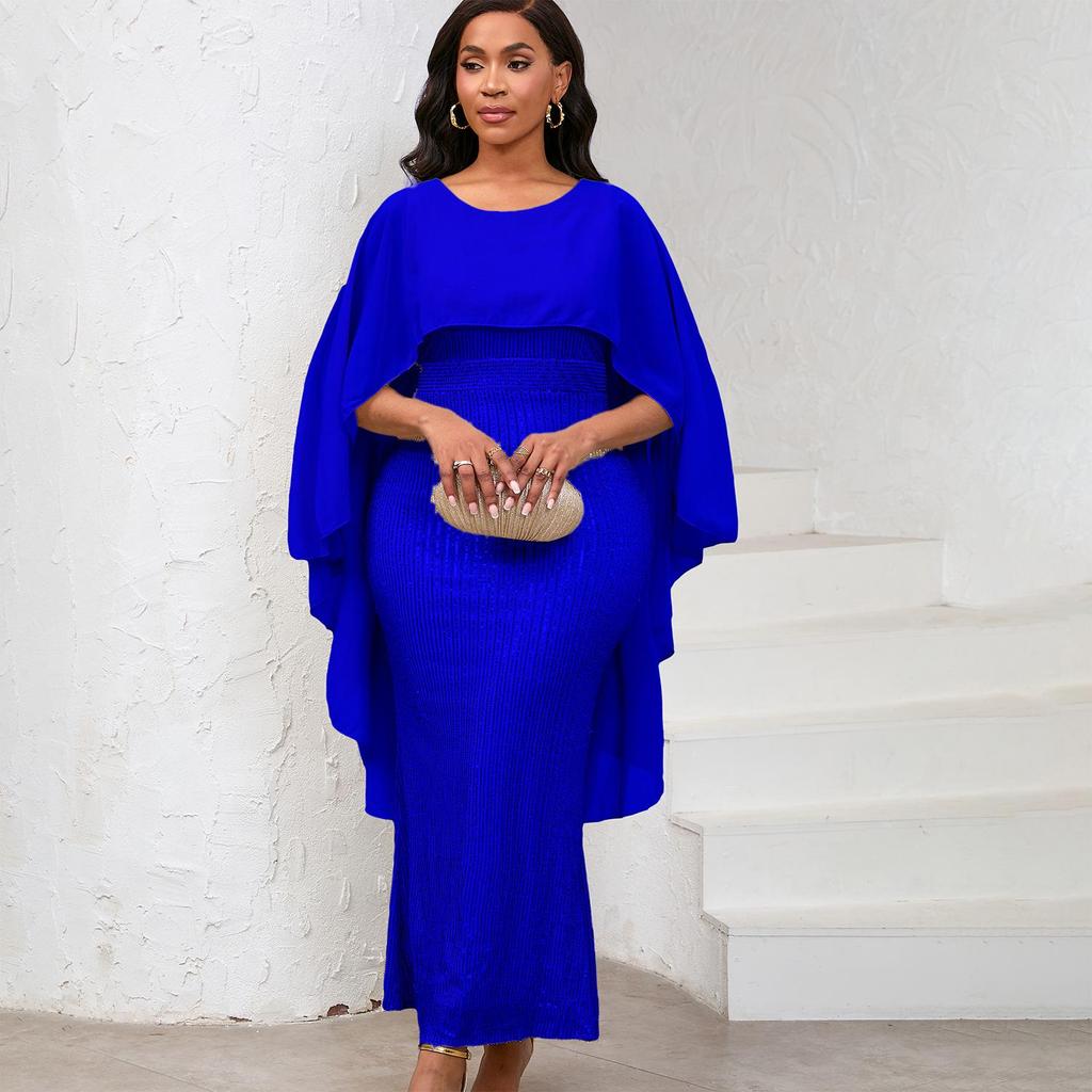 Европейское и американское женское весеннее шифоновое кейп-платье с пайетками и длинной юбкой для вечеринки