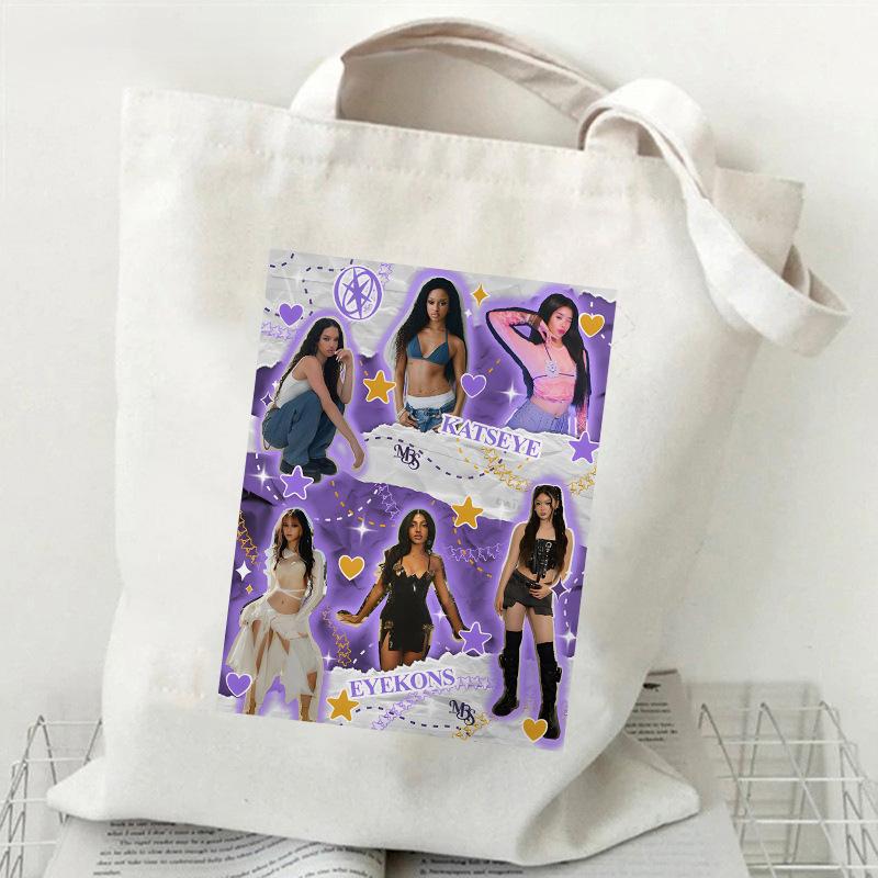 KATSEYE Printed Canvas Tote Bag Large Capacity Commuter Shoulder Shopping Bag Fashion Work Handbag Student Book Bag Lightweight Durable