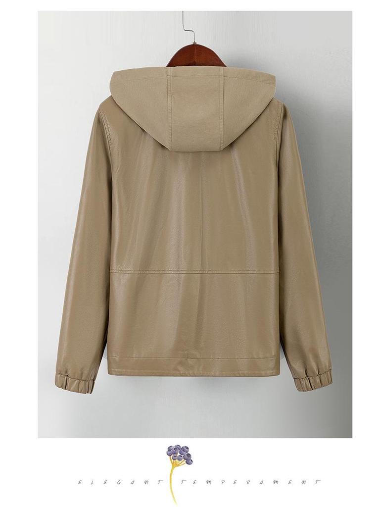 Весна/Осень 2025 Женское короткое пальто из ПУ кожи с капюшоном - Стильная куртка на молнии для молодых мам.