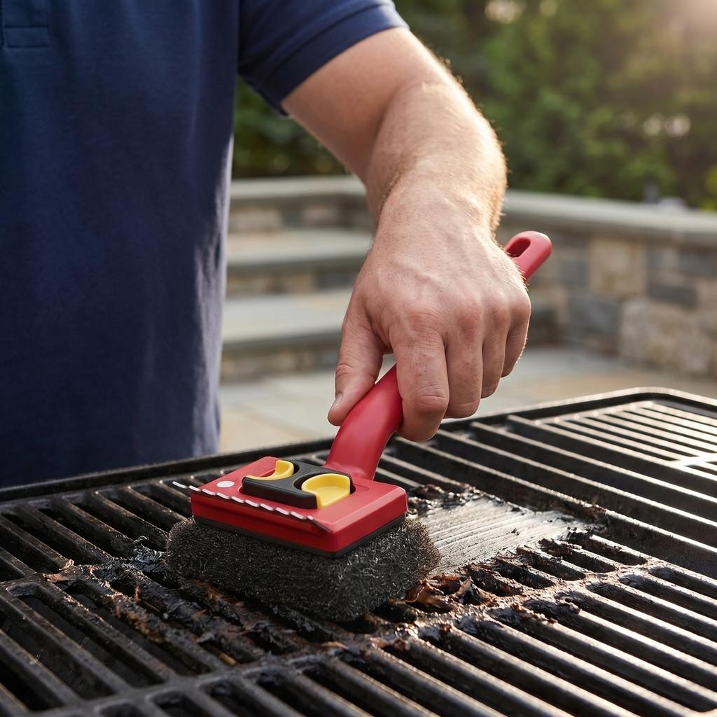 Portable Outdoor Manual Grill Cleaner Brush with Sturdy Handle and Replaceable Scrubbing Pad for Efficient Barbecue Cleaning