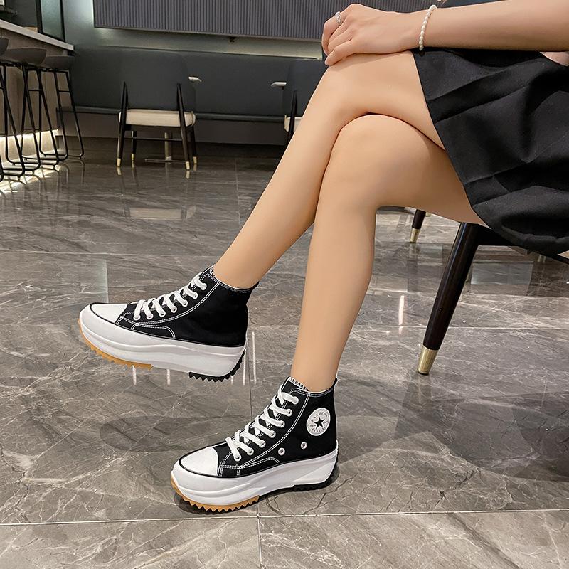 Thin Heightening Canvas Shoes Women'S New High-Top Casual Shoes Niche Muffin Thick-Soled White Shoes Versatile Shoes