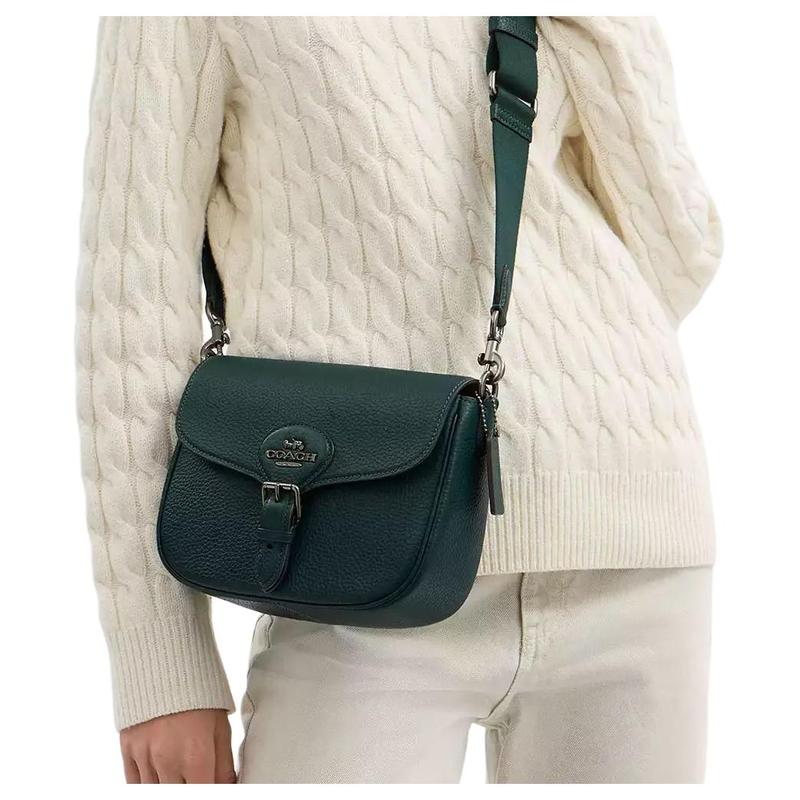 COACH Amelia 23 Logo Classic Pebble Leather Saddle Bag Shoulder Bag Medium Women Green