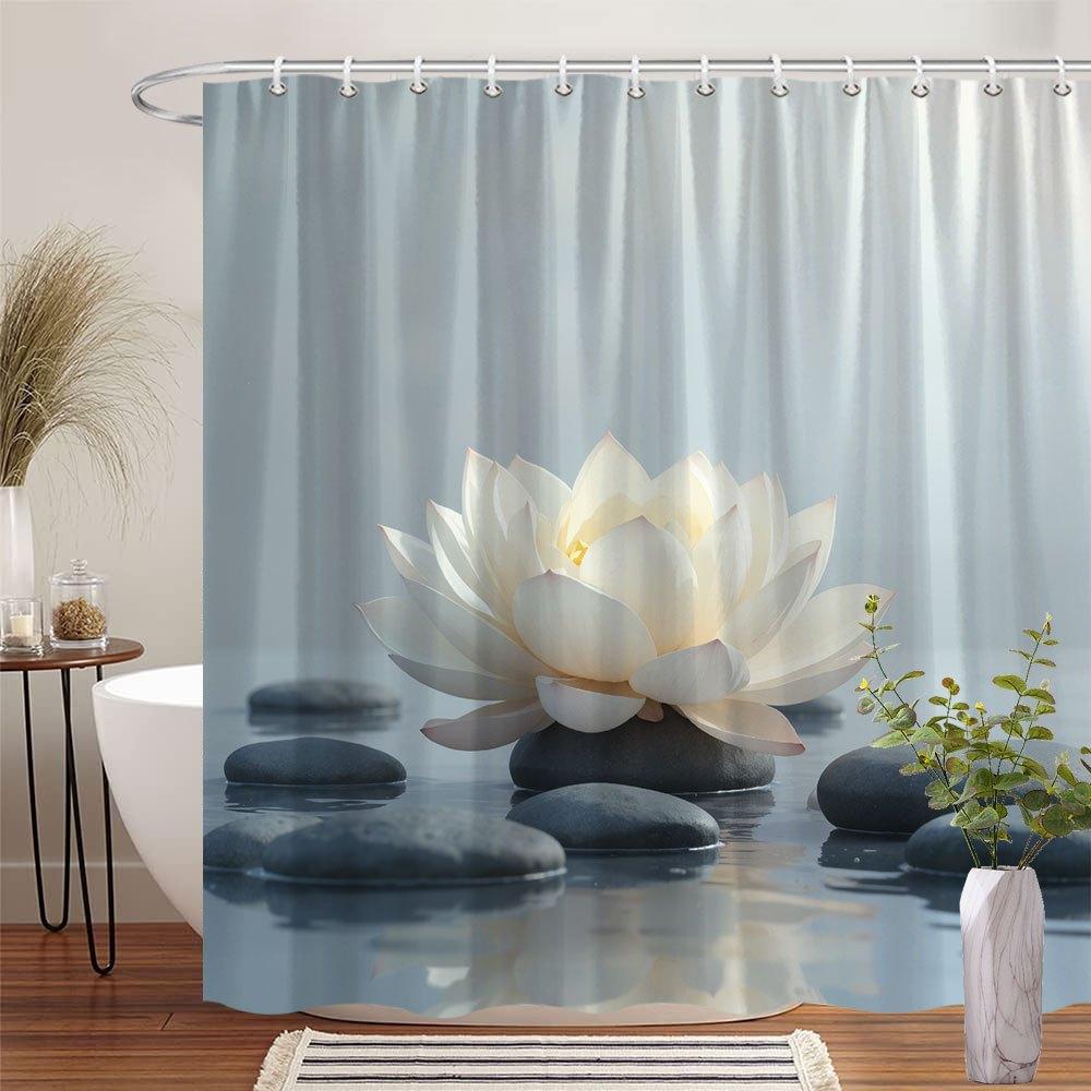White Lotus & Gray Stones Shower Curtain - Zen Composition, Polyester, Machine Washable, Woven Bathroom Decor
