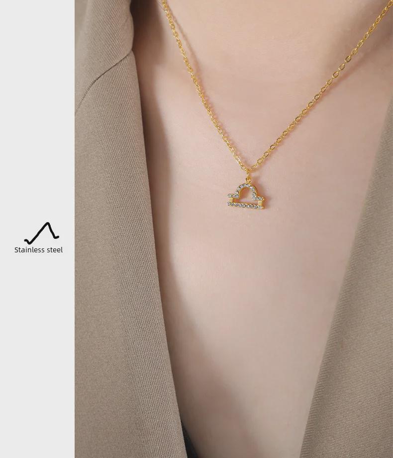 Custom Fashion Gold Titanium Steel Necklace with Zodiac Pendant and Rhinestones