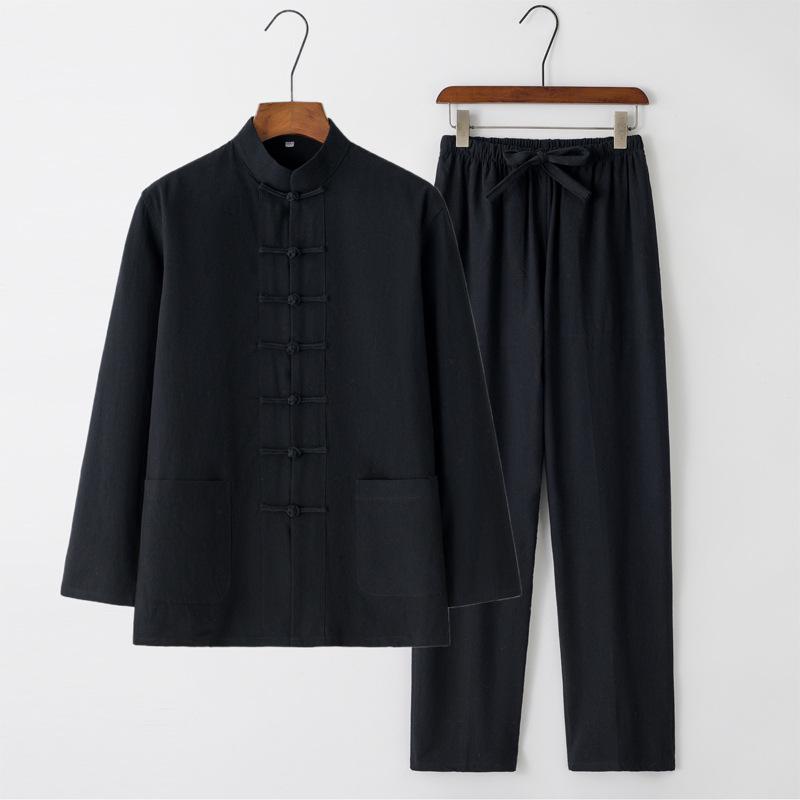 Men's Chinese Style Long-Sleeve Tang Suit Set with Frog Buttons - Retro Tea & Tai Chi Two-Piece