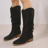 Women's Large Denim Tassel Knight Boots - Mid-Heel, Knee-Length (2024 Autumn/Winter Collection)