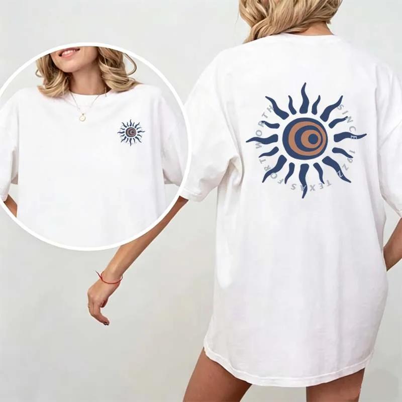 Синие Футболки с Принтом Солнца Летние Унисекс Повседневная Мода Забавные Хай-стрит Топы Удобные С Круглым Вырезом С Коротким Рукавом Хлопковые Футболки