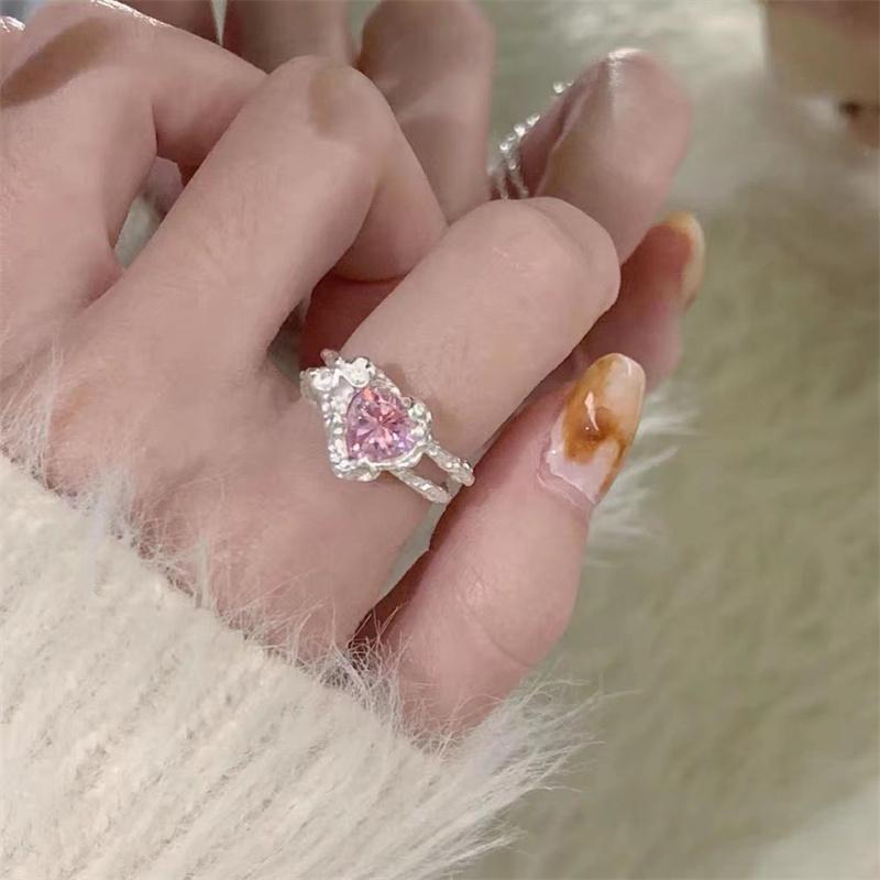Style Sparkling Pink Zircon Bride Rings for Women Couples Korean Trendy Heart Star Geometric Wedding Party Jewelry
