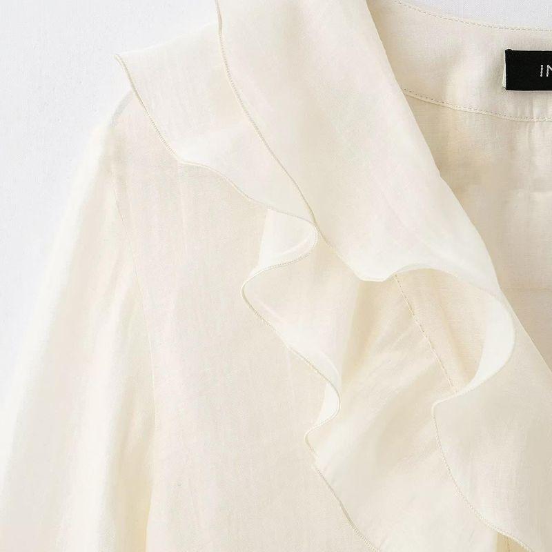 Kaslead New Arrival Women's Clothing Fashion Style Fashion Laminated Decoration Puffy Long Sleeves V-neck Shirt 9479040