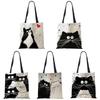Customized Tote Shopping Bag Cute Cat Printing Women Handbag Linen Totes with Print Logo Casual Traveling Beach Bags