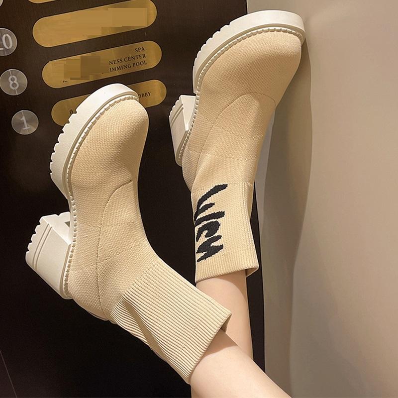 Женские вязаные высокие каблуки, ботильоны, высокие носки, толстые зимние ботинки на платформе 2025 года, новые трендовые брендовые ботинки Chelsea Snow, сексуальные туфли-лодочки из плетения