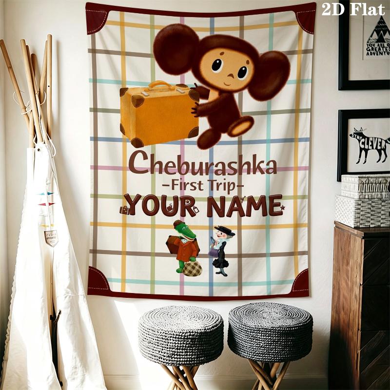 Custom Name Cheburashkas Wall Tapestry Aesthetic Wall Hanging Printed Fabric Blanket Decorative Tapestries for Bedroom Living Room Home Decor
