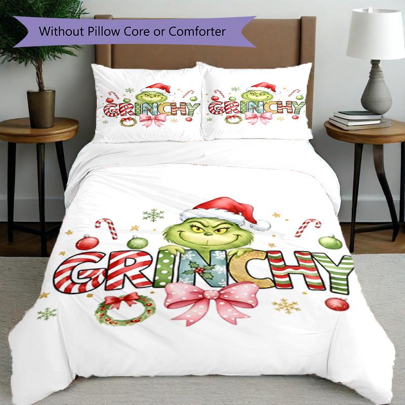 3pcs Duvet Cover Set (1*Duvet Cover + 2*Pillowcase, Without Core), The Grinch Print Bedding Set, Bedroom Decor, All‑Season, Birthday Gift