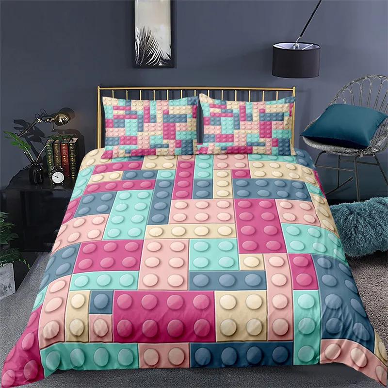 Building Block Duvet Cover Single Queen Bedding Set Colorful Toy Cubes Blocks Printed Soft Microfiber Quilt Cover for Teen Girls