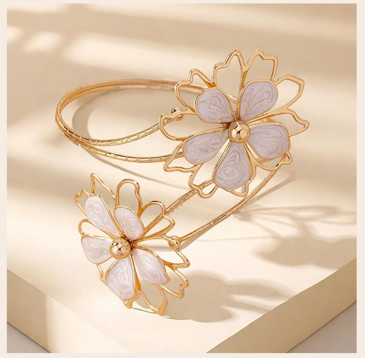 Bohemian Enamel Flower Upper Arm Cuff Bangle, Gold Color Spiral Floral Armlet for Women, Beach Party Holiday Jewelry Gift
