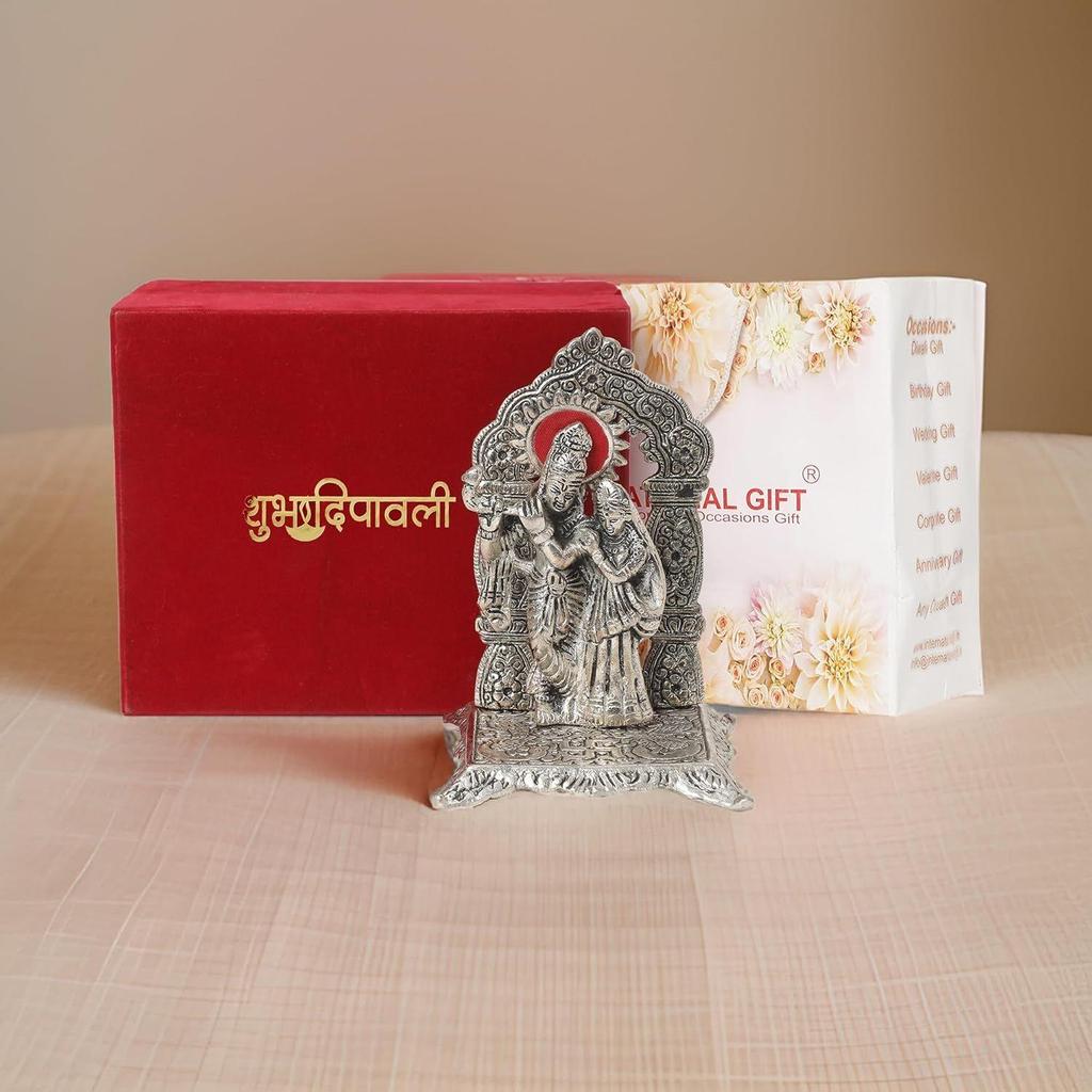 Silver Radha Krishna Idol Oxidized Finish with Happy Diwali Wishes