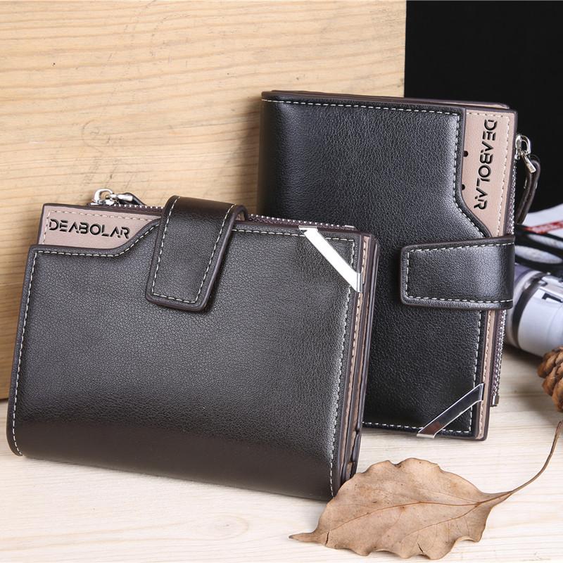 Vintage Men's Zipper Three-fold Leather Wallet Multi Function Button Purse with Multiple Card Slots and A Clear ID Window