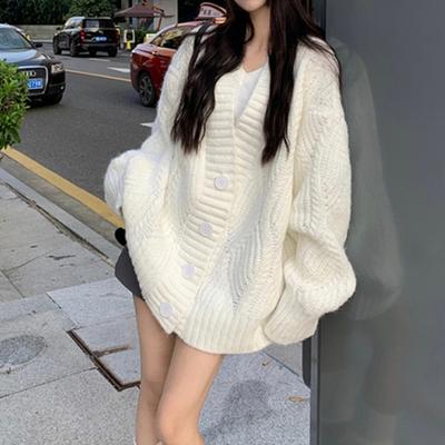 Новый кардиган с V-образным вырезом и длинными рукавами, вязаный женский свитер, корейская мода, осенне-зимняя куртка, однотонная, офисная, утолщенная, женская, повседневная, простая одежда