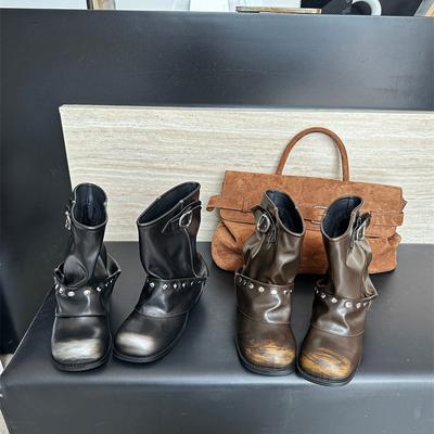 Винтажные ивовые ногти 2025 новые каблук средней высоты толстый каблук плиссированные универсальные и тонкий ворс западный рыцарь короткие сапоги сапоги-трубы для брюк