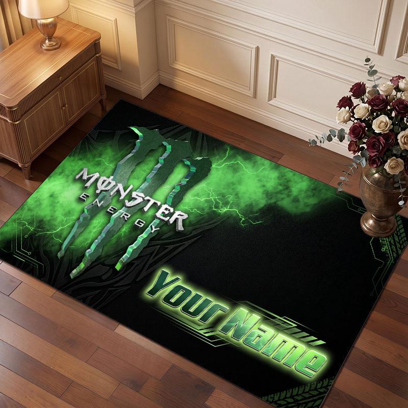 Monster Energy Personalized Crystal Velvet Carpet, Customized Name Text Soft Anti‑Slip Rug for Living Room Bedroom