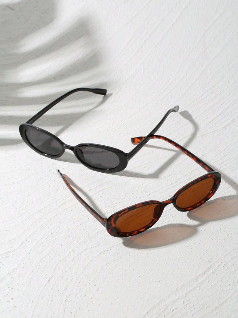 2pcs Vintage Oval Shaped Plastic Sunglasses Small Frame UV Protection Fashionable Shade for Outdoor Travel Beach Holiday
