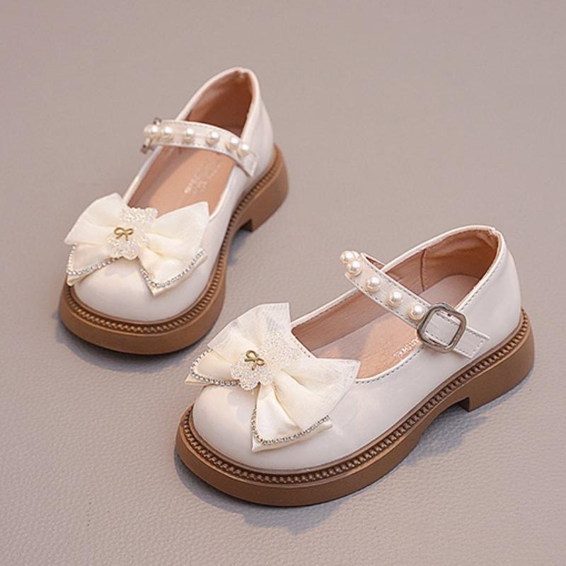 Новые туфли для девочек, модные, с бантом, круглым носком, резиновая нескользящая подошва, милые, детские, повседневные, универсальные, школьные, черные, кожаные туфли на плоской подошве
