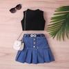 Girls' Fashion Set 2025 Summer Children's Casual Solid-color Sleeveless Pullovers, Denim Pleated Skirts with Belts, 2-piece Set